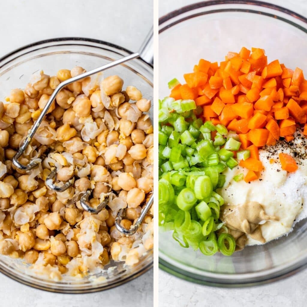 chickpeas being smashed in a bowl on the left and with carrots, celery and green onion on the right