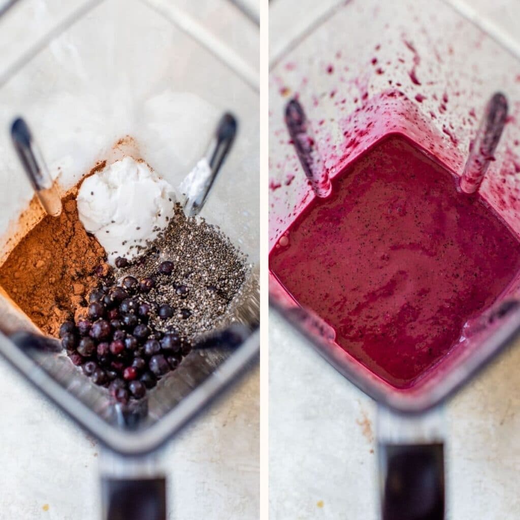 blueberries, cocoa powder, yogurt and chia seeds in a blender on the left and blended up on the right