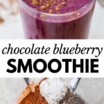 blueberry smoothie in a glass and ingredients to make blueberry smoothie in a blender