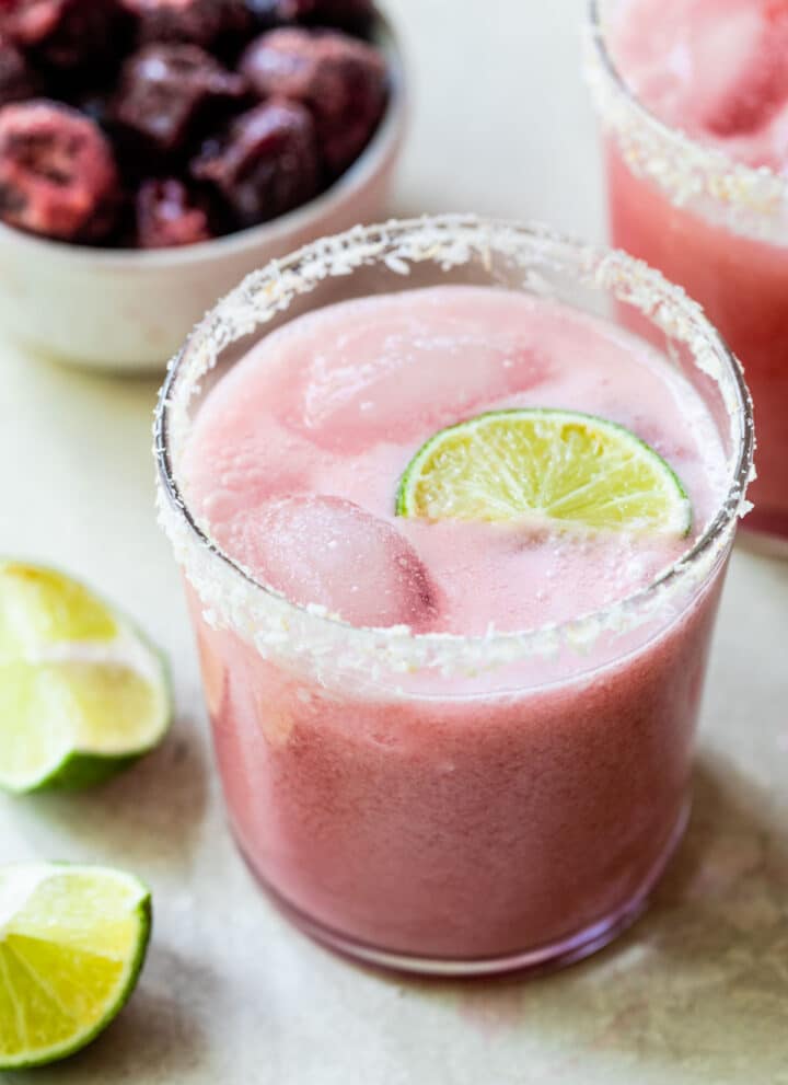 cherry margarita lined with shredded coconut