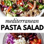 pasta salad in a bowl with text overlay