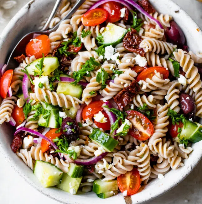 pasta salad made with mediterranean ingredients
