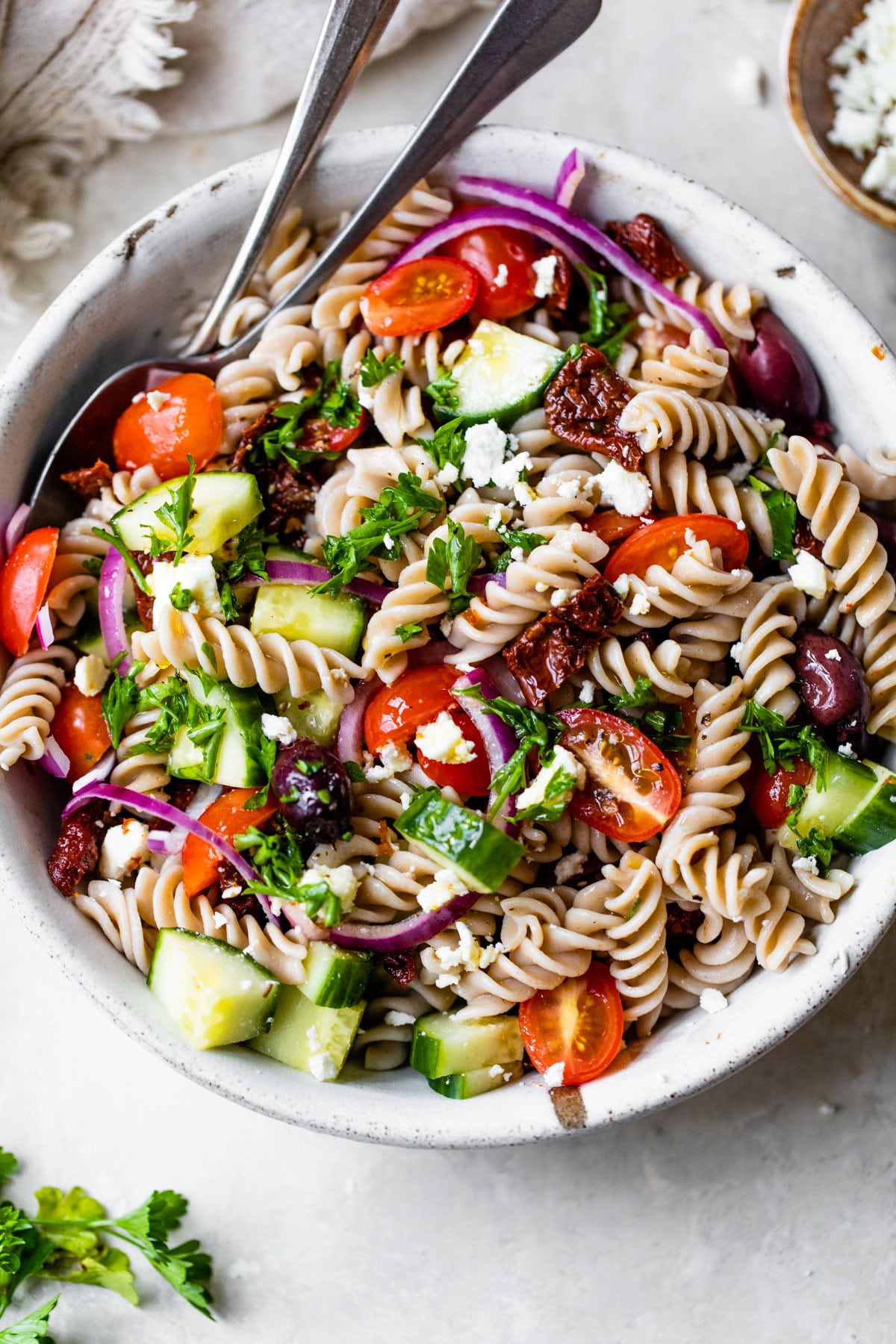 pasta salad made with mediterranean ingredients