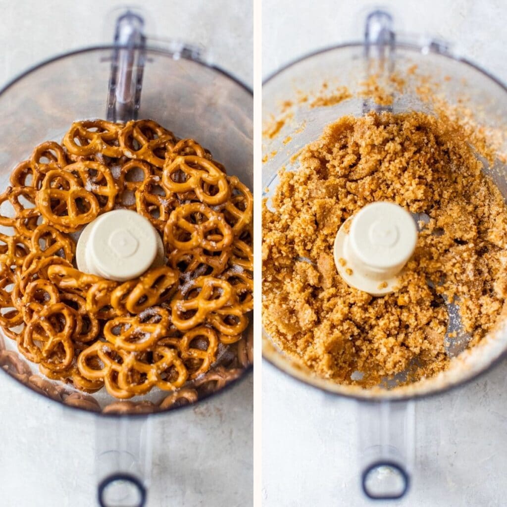 pretzels in a food processor on the left and crushed pretzels on the right
