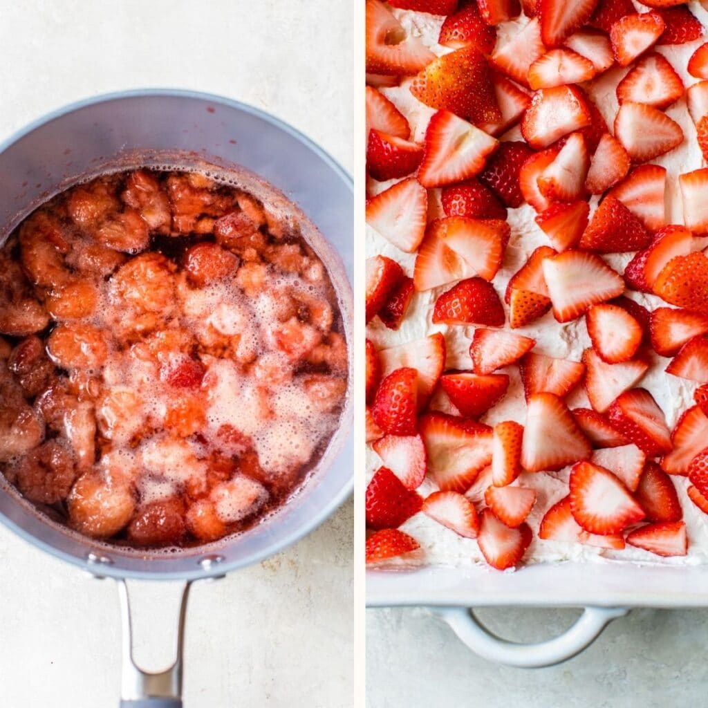 dissolved strawberries in a saucepan on the left and fresh strawberries on top of whipped cream in a baking dish on the right