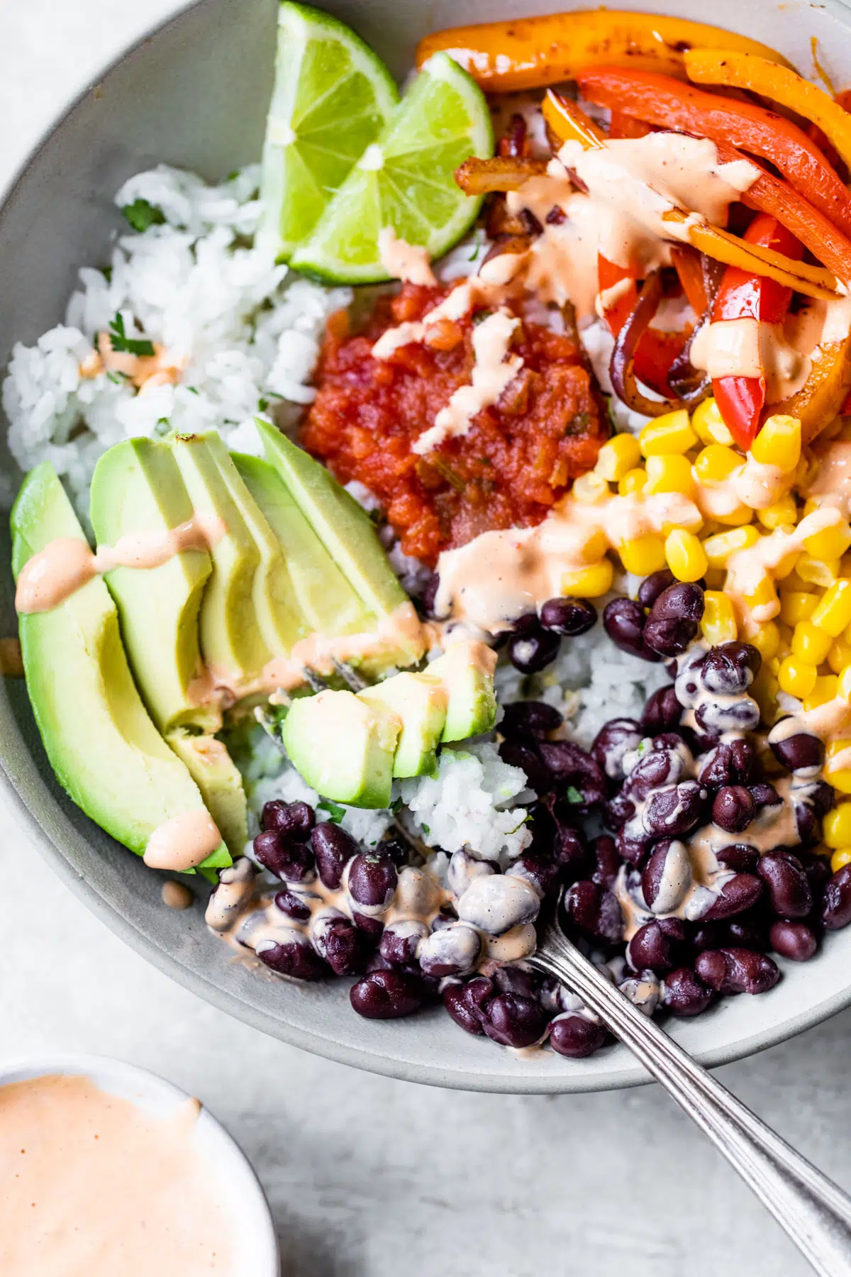 bowl of rice topped with black beans, corn, peppers, avocado, and salsa