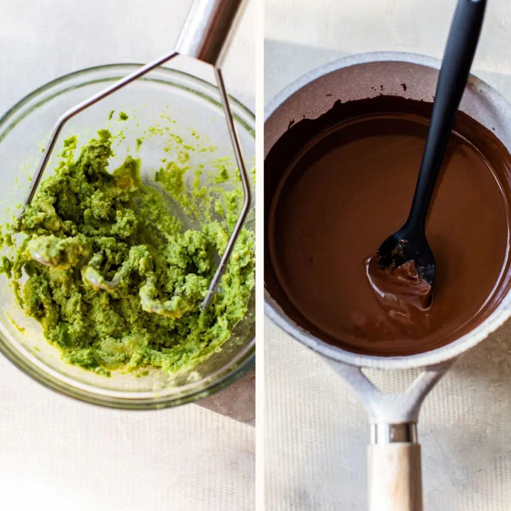 mashed avocado in a bowl on the left and melted chocolate in a saucepan on the right