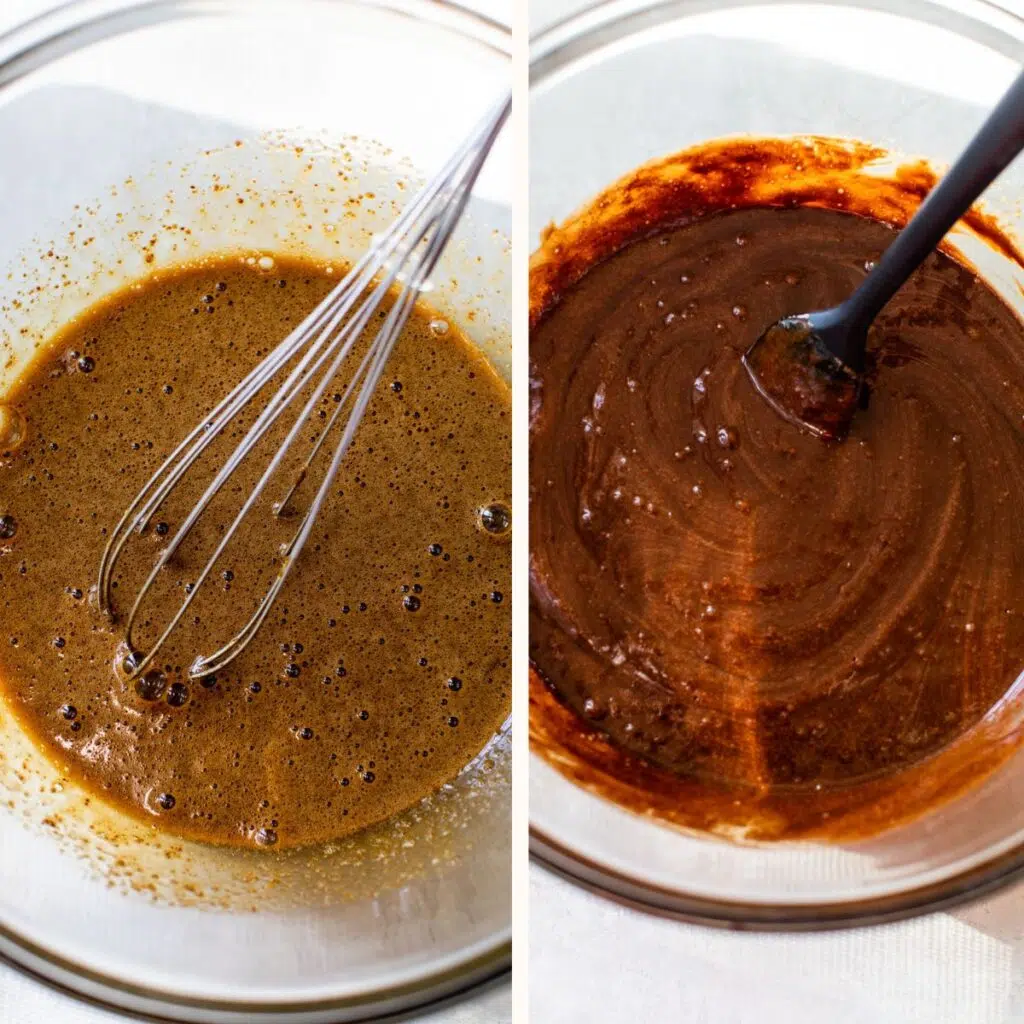 whisked eggs and sugar in a bowl on the left and with melted chocolate added on the right