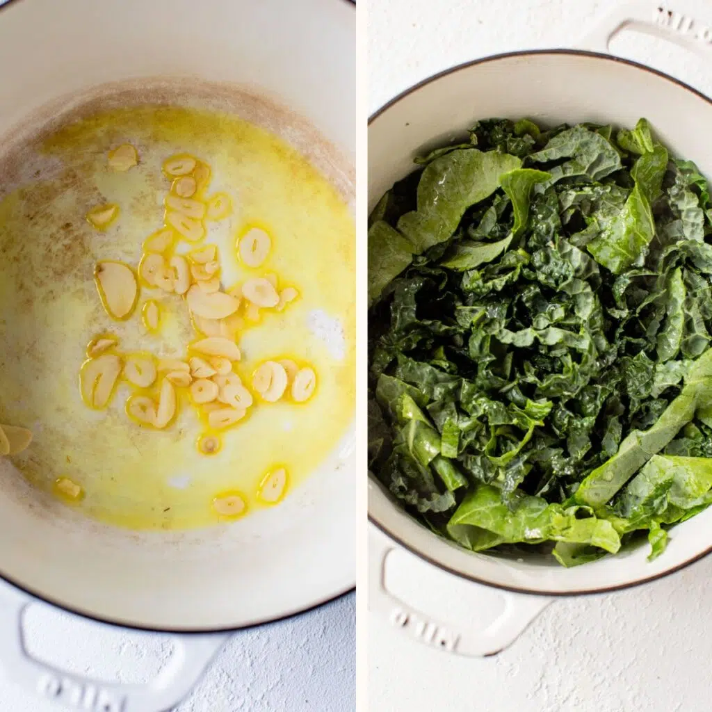 butter and garlic in a pot on the left and with wilted kale on the right