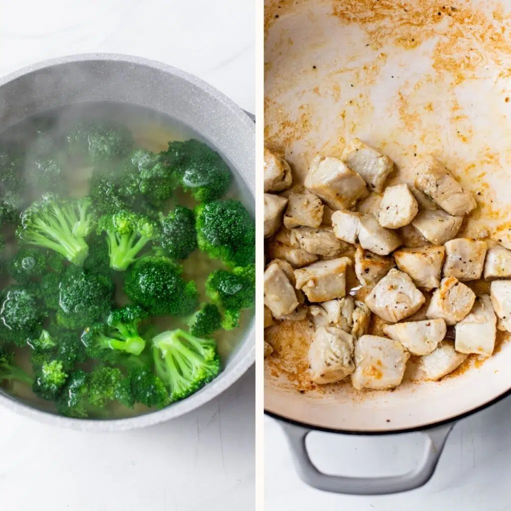 broccoli in a saucepan on the left and cooked cubed chicken in a skillet on the right
