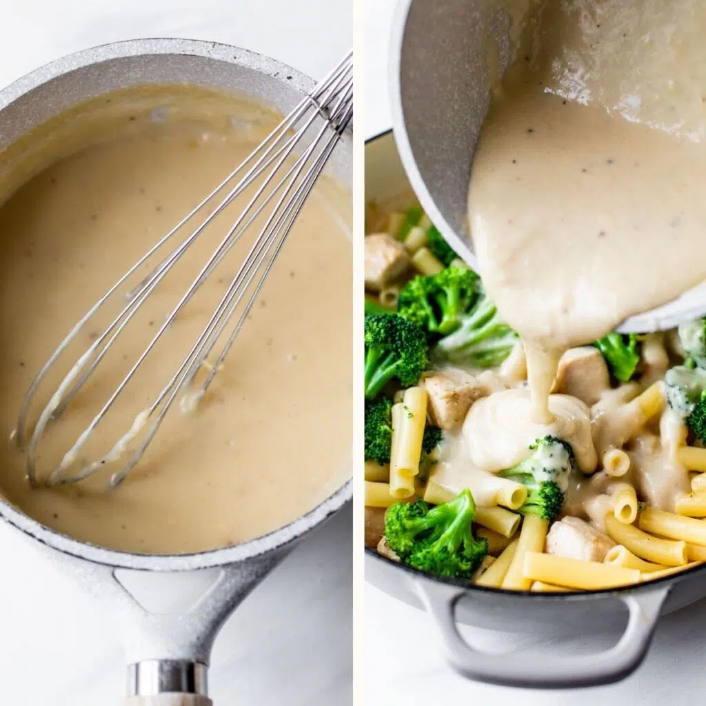 alfredo sauce in a saucepan on the left and someone pouring it over pasta on the right