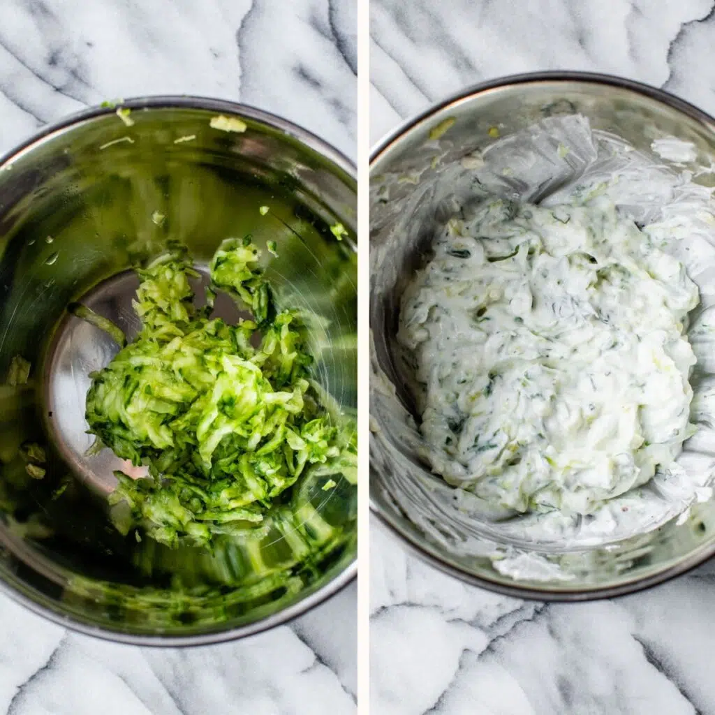 shredded cucumber in a bowl on the left and tzatziki sauce in a bowl on the right
