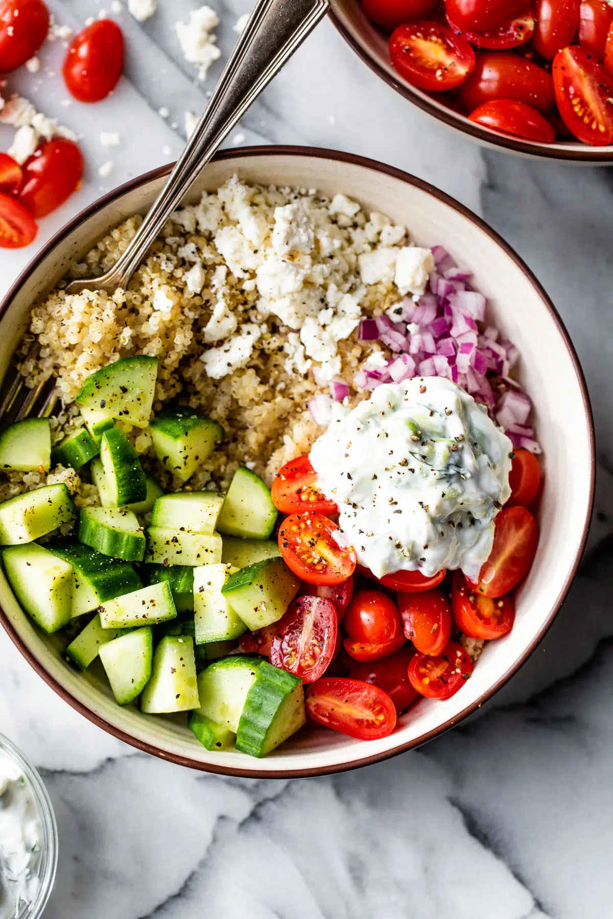 a mediterranean bowl on a marble table