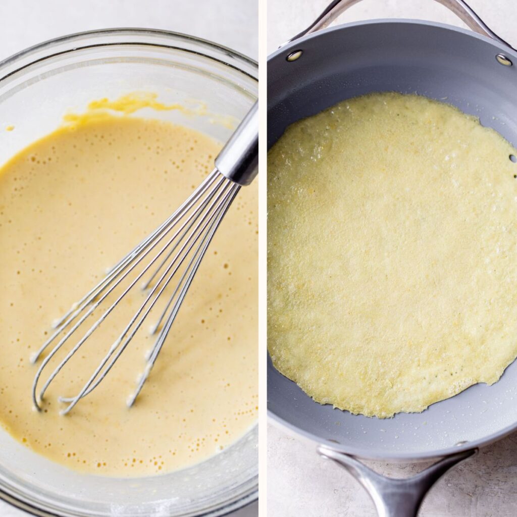 crepe batter in a bowl on the left and a crepe in a skillet on the right