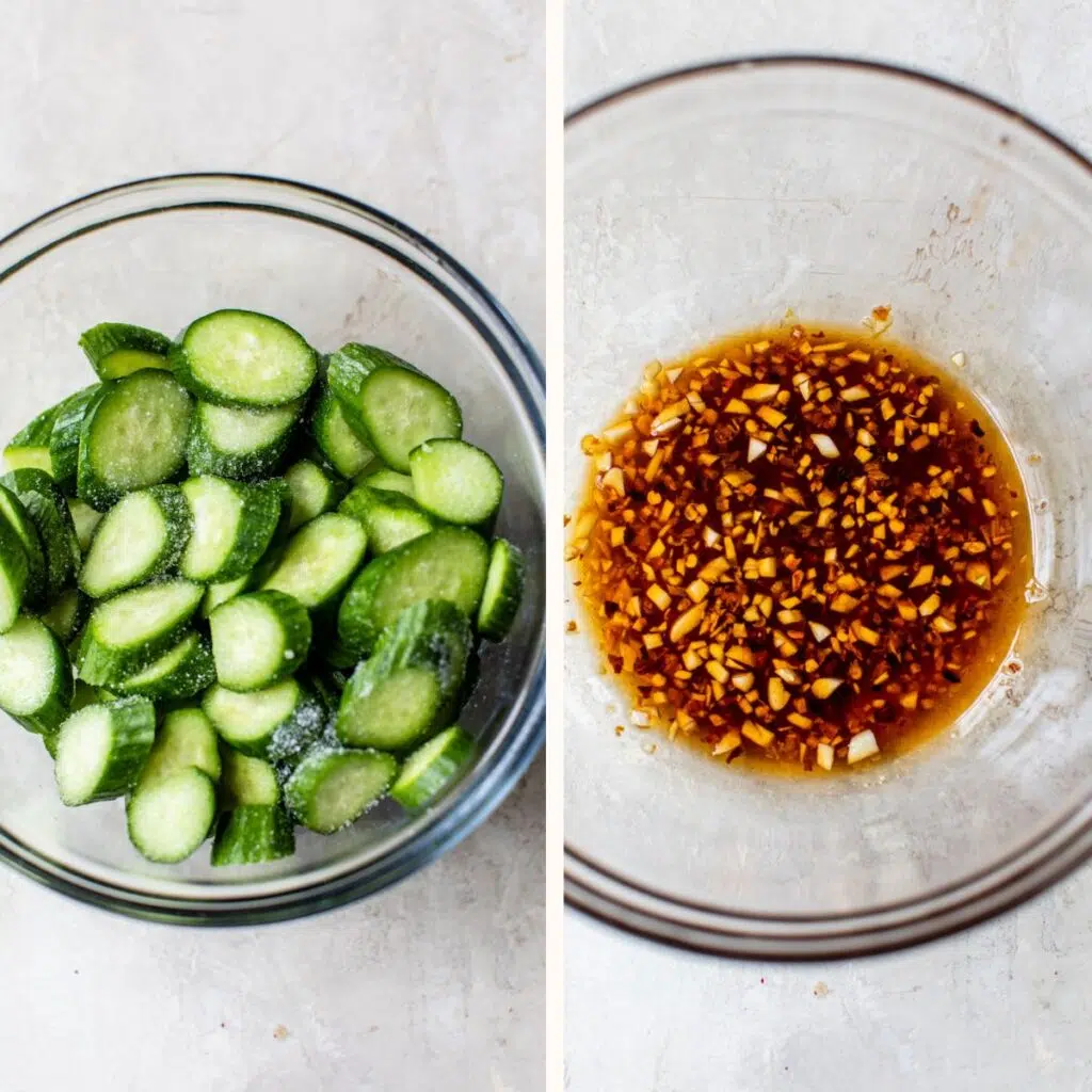 sliced cucumbers in a bowl on the left and soy sauce and garlic in a bowl on the right