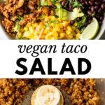 taco salad in a bowl and walnut taco meat in a food processor with text overlay
