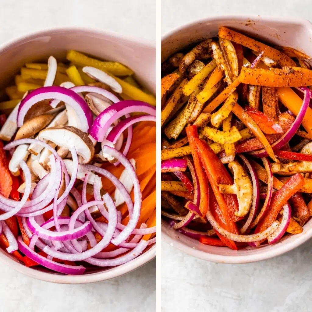 peppers, mushrooms and sliced red onion in a bowl on the left and with seasonings on the right