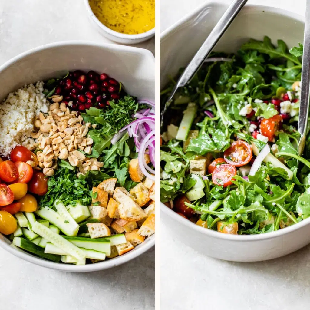 salad ingredients in a bowl on the left and mixed together with kitchen tongs on the right
