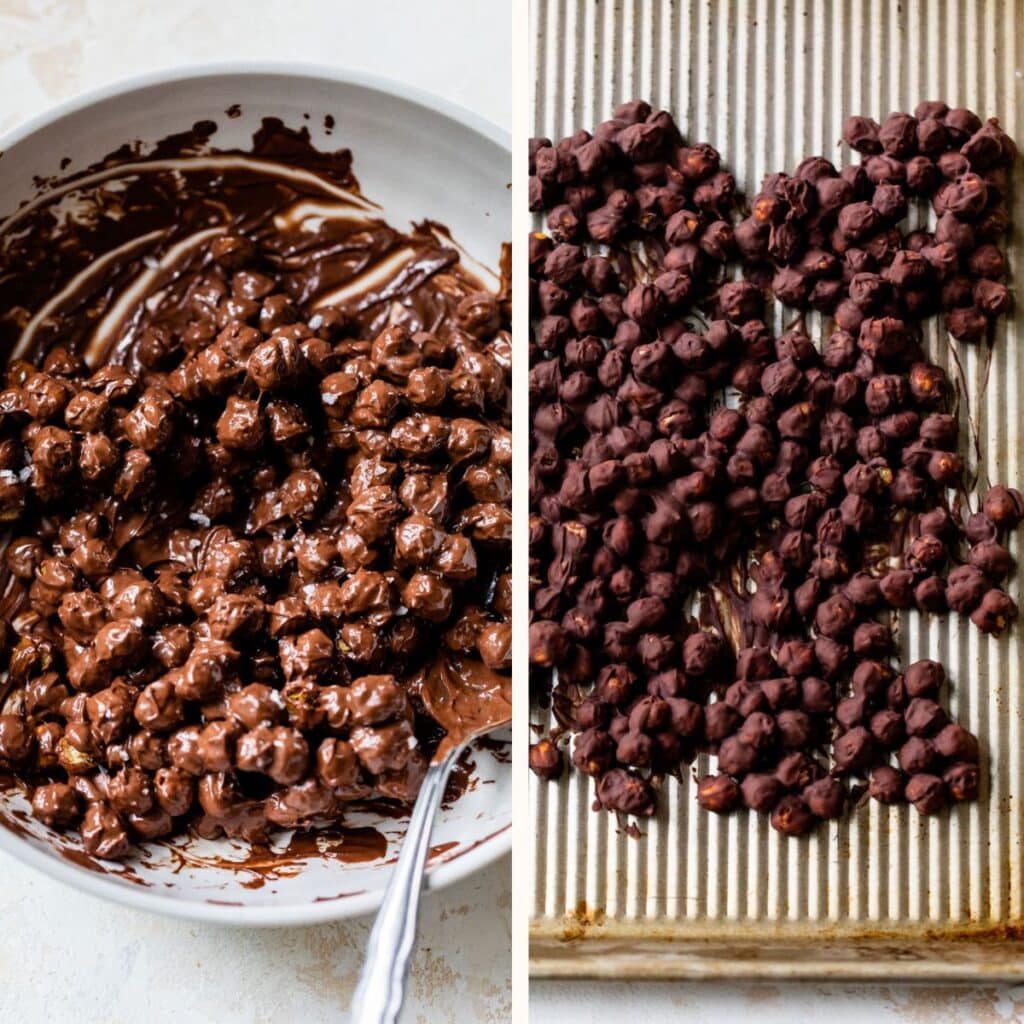 chickpeas in a bowl with melted chocolate on the left and spread out on a baking sheet on the right
