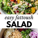 fattoush salad in a bowl made with lettuce, tomatoes, feta, cucumber, and red onion