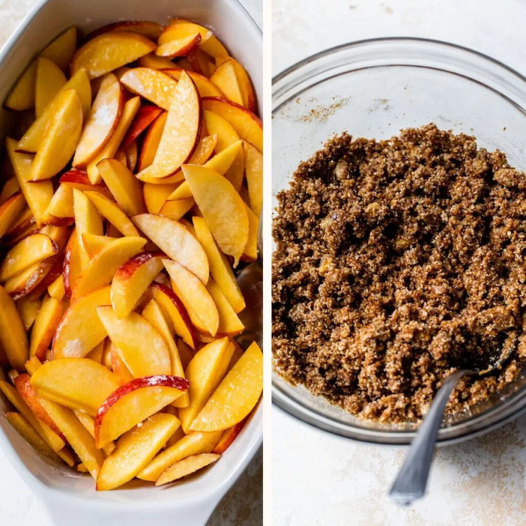sliced peaches in a baking dish on the left and almond flour and brown sugar in a bowl on the right