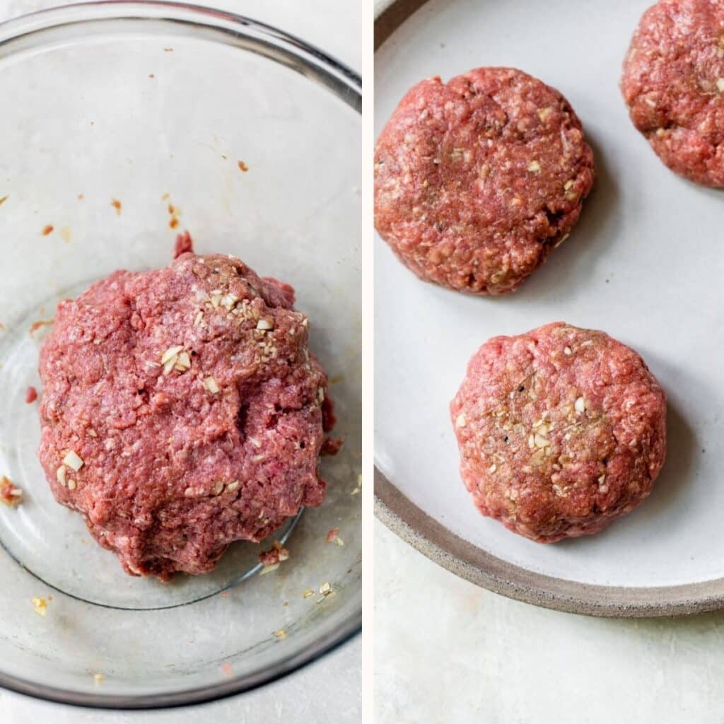raw ground meat in a bowl on the left, and raw meat formed into patties on the right