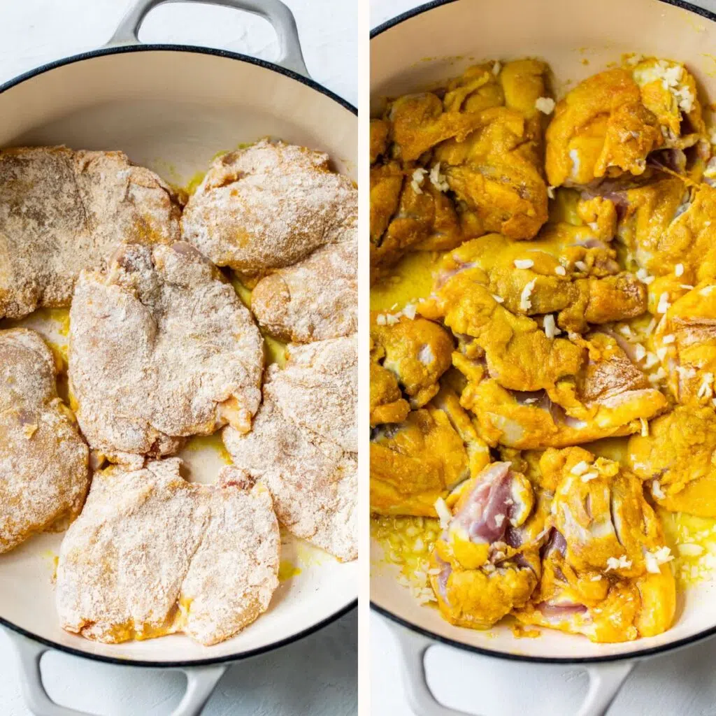 breaded chicken thighs in a skillet on the left and coated in turmeric on the right