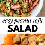 tofu salad topped with peanuts and a peanut sauce with text overlay