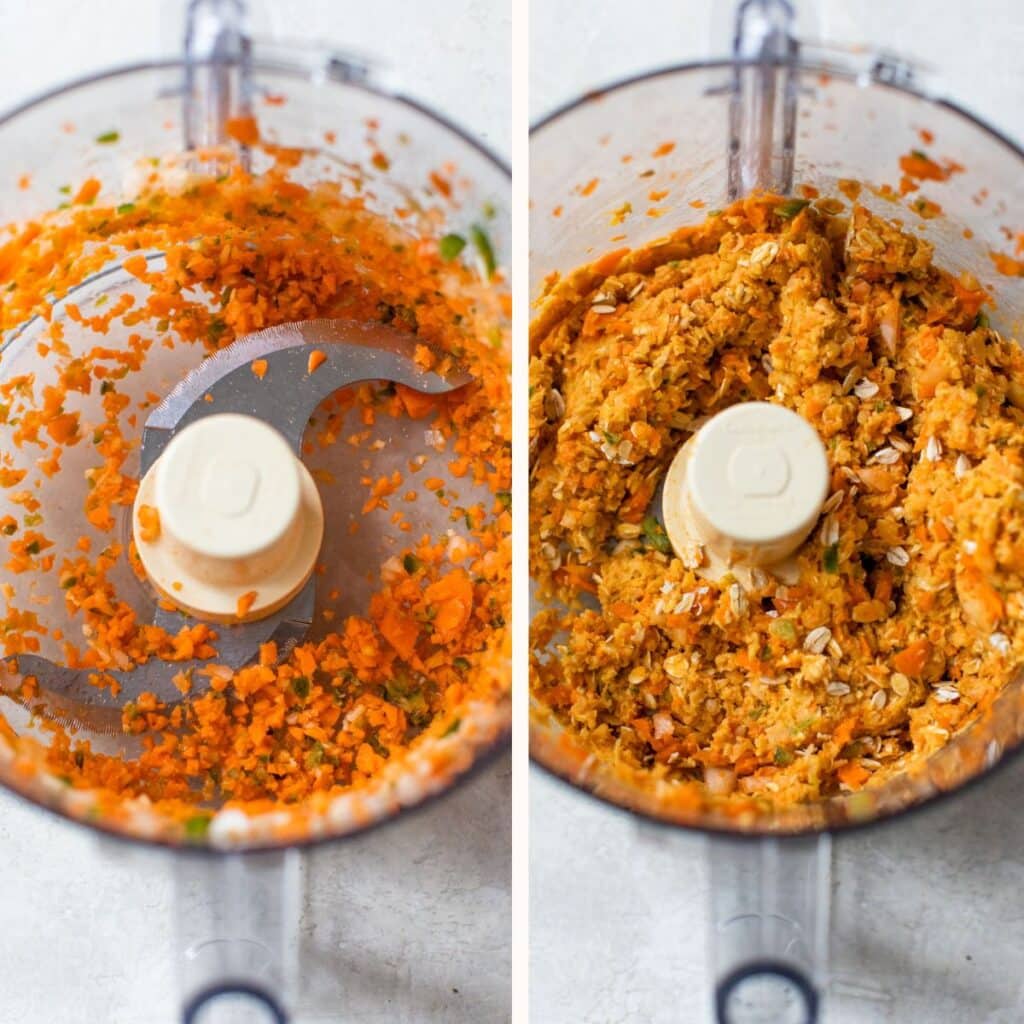 carrots in a food processor on the left and with chickpeas on the right