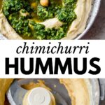 chimichurri hummus in a bowl with text overlay