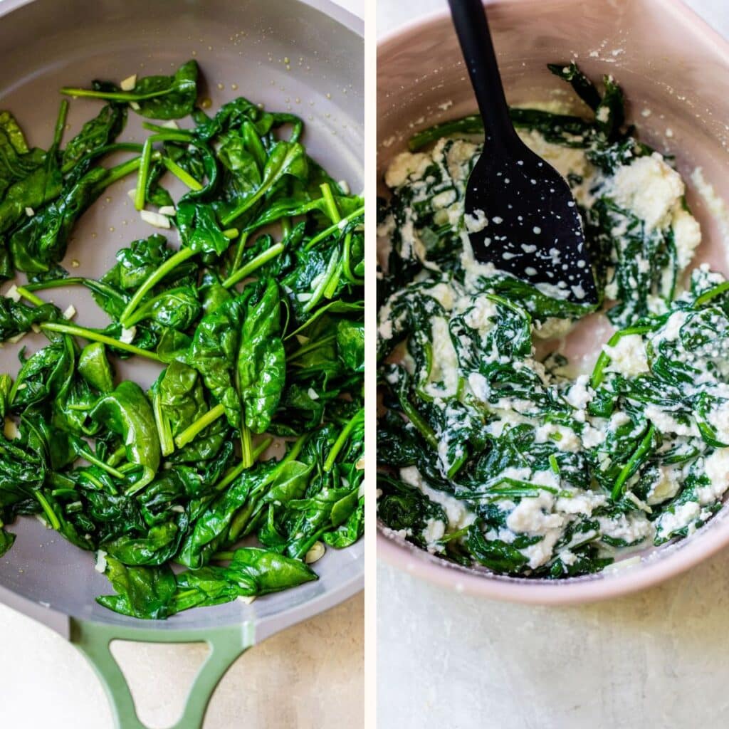 cooked spinach in a skillet on the left and spinach and ricotta in a bowl on the right
