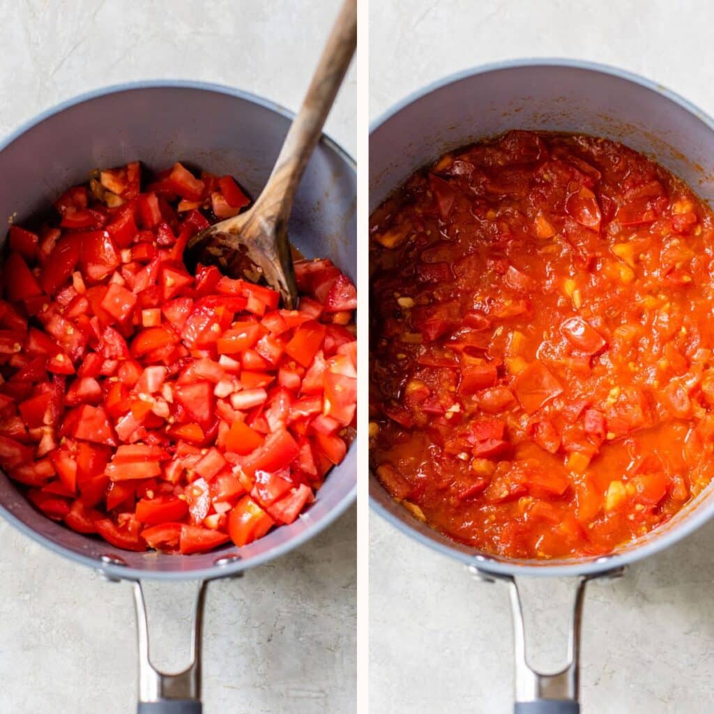 diced tomatoes in a saucepan on the left and simmered on the right