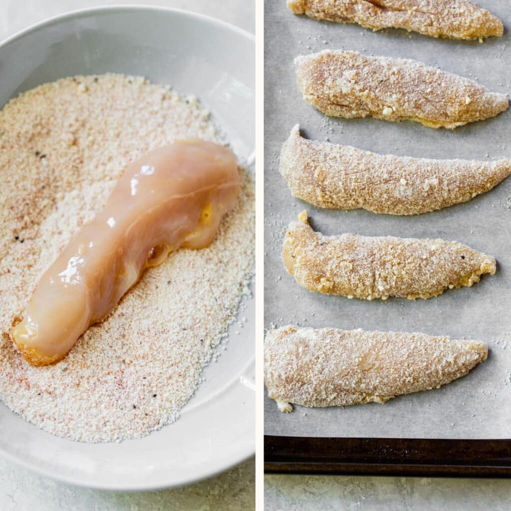 raw chicken tenders being dipped in flour and breadcrumbs