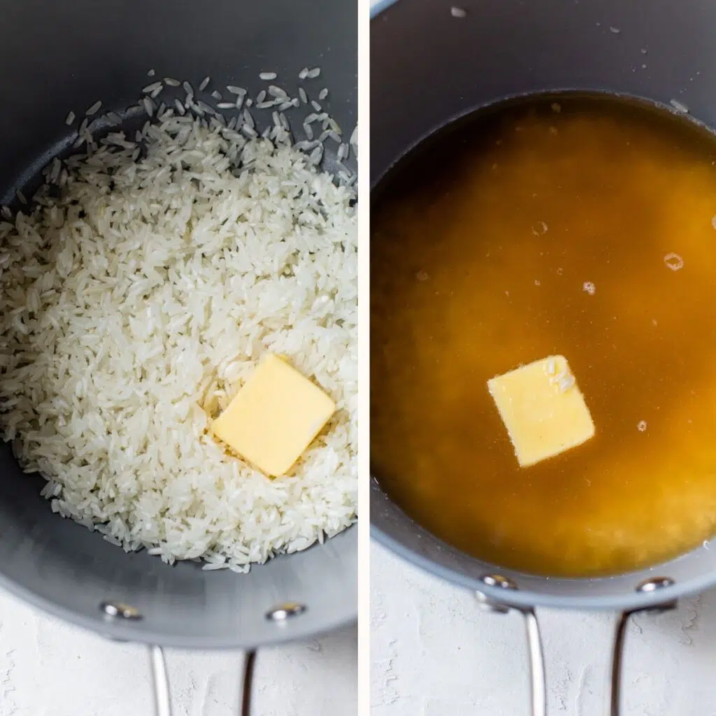 rice and butter in a saucepan on the left and with bone broth added on the right