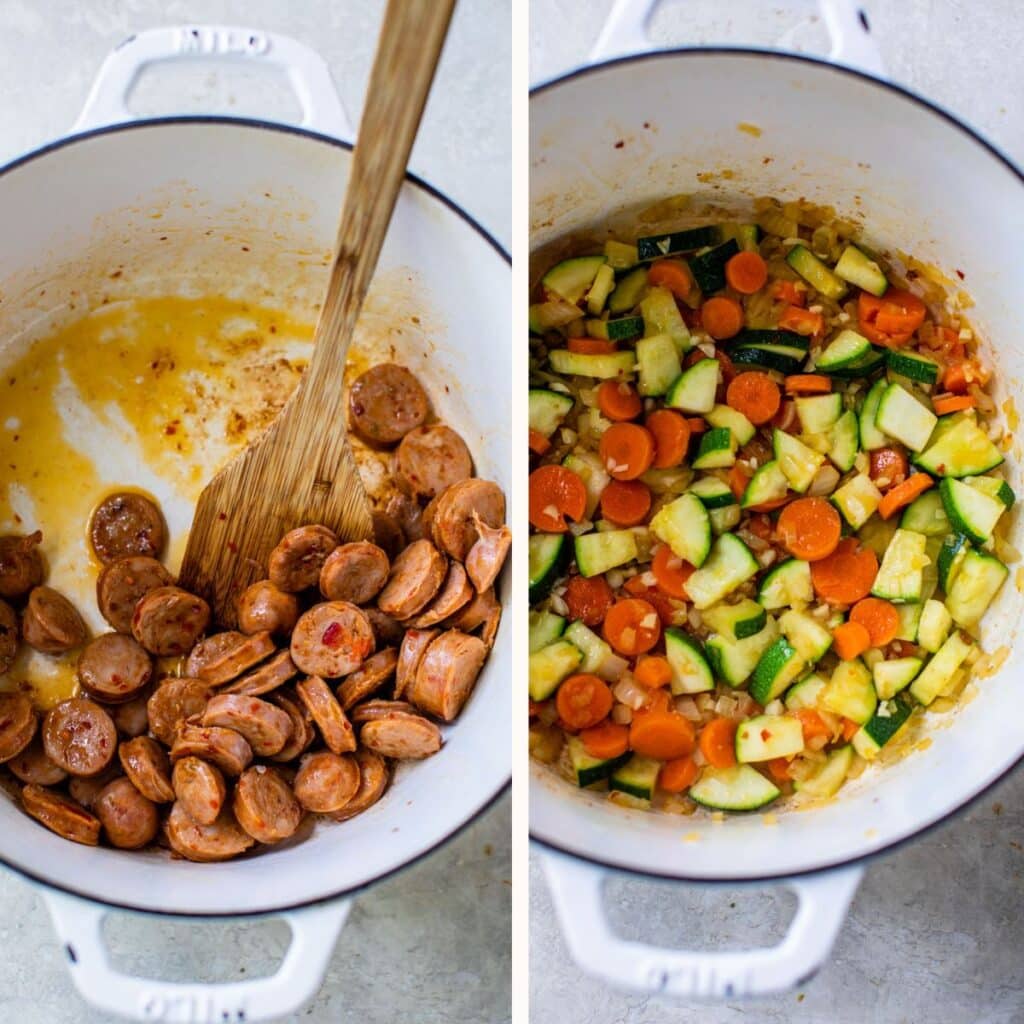 cooked chicken sausage in a pot on the left and cooked carrots, zucchini and onion on the right