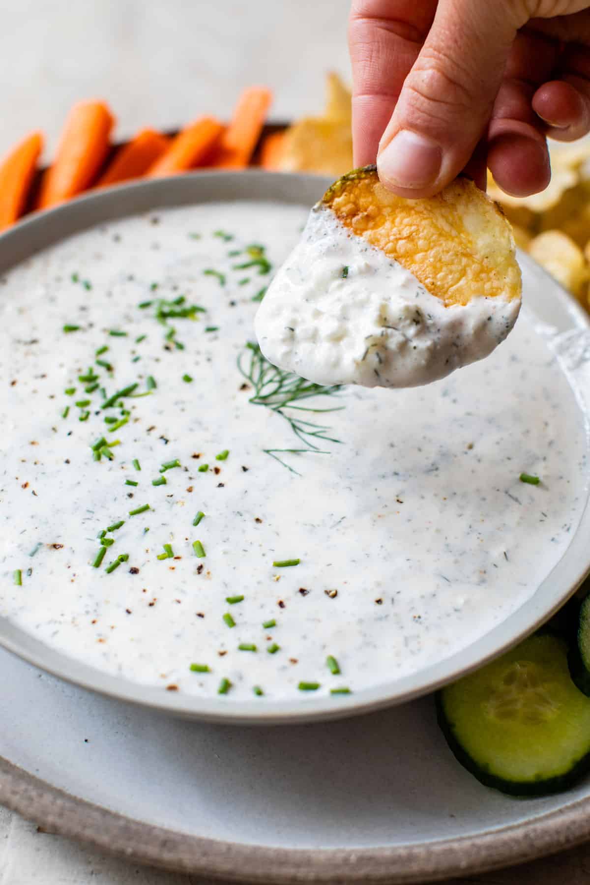 a bowl of dip with someone dipping a potato chip into it