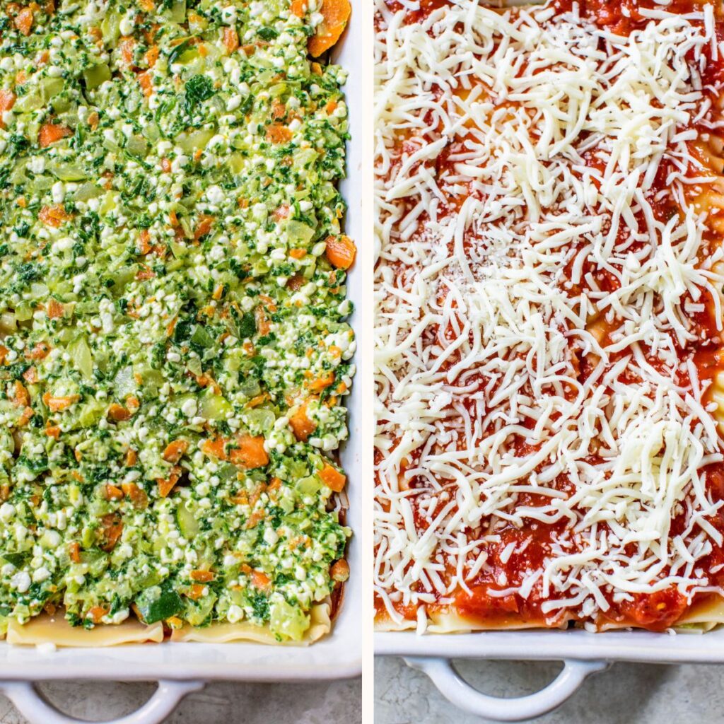 lasagna topped with veggies and cottage cheese on the left and with pasta sauce and shredded cheese on the right