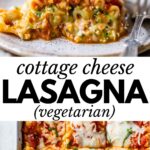 lasagna on a plate and in a baking dish with text overlay