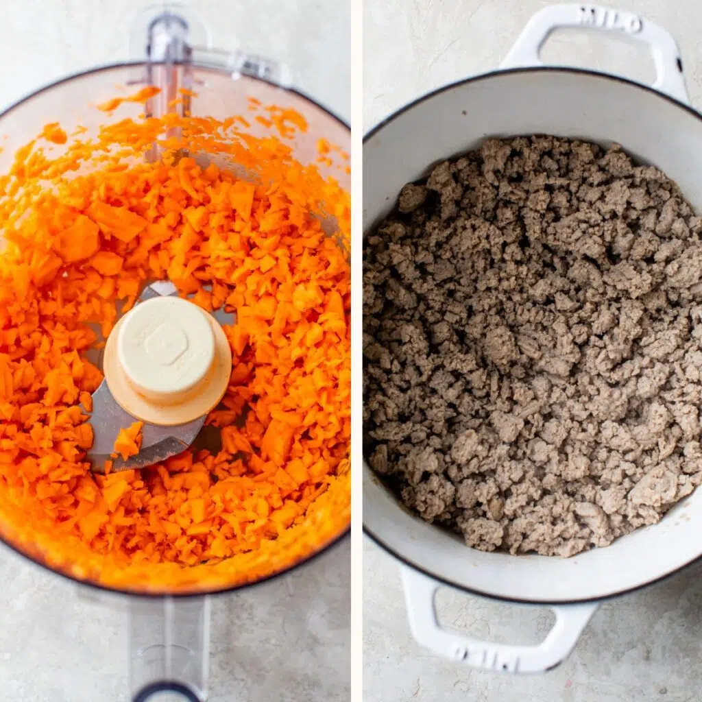 carrots and sweet potato in a food processor on the left and cooked ground meat in a pot on the right