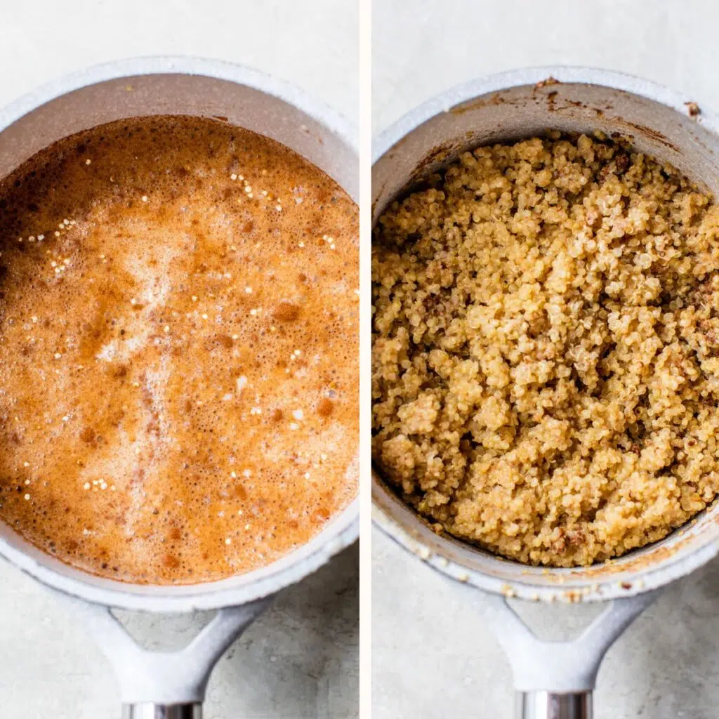 quinoa and milk in a saucepan on the left and cooked quinoa on the right