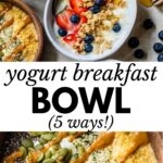 a bowl of yogurt with various toppings and text overlay