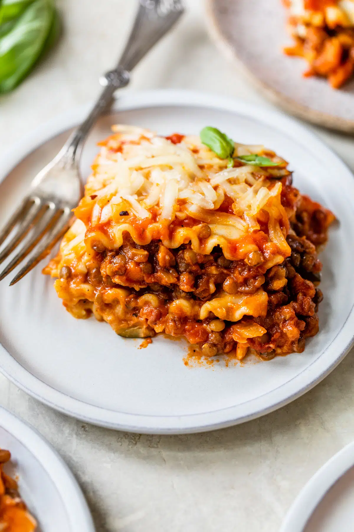 a piece of lasagna on a plate with a fork
