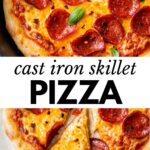pepperoni pizza in a skillet and on parchment paper