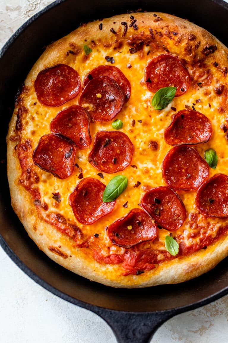 pepperoni pizza in a cast iron skillet