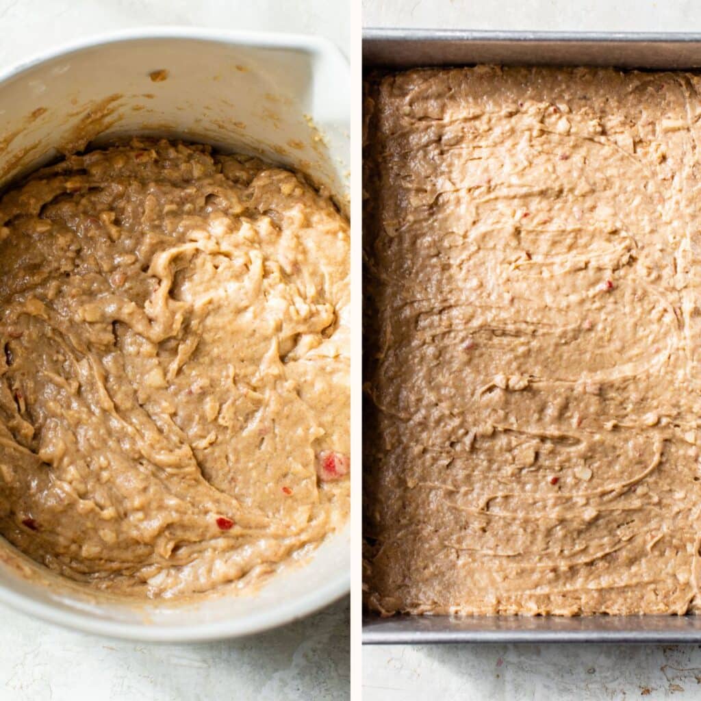 cake batter in a bowl and in a rectangle baking pan