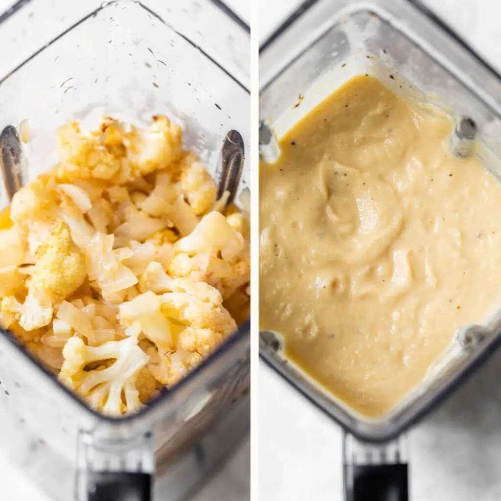 cooked cauliflower in a blender on the left and blended on the right