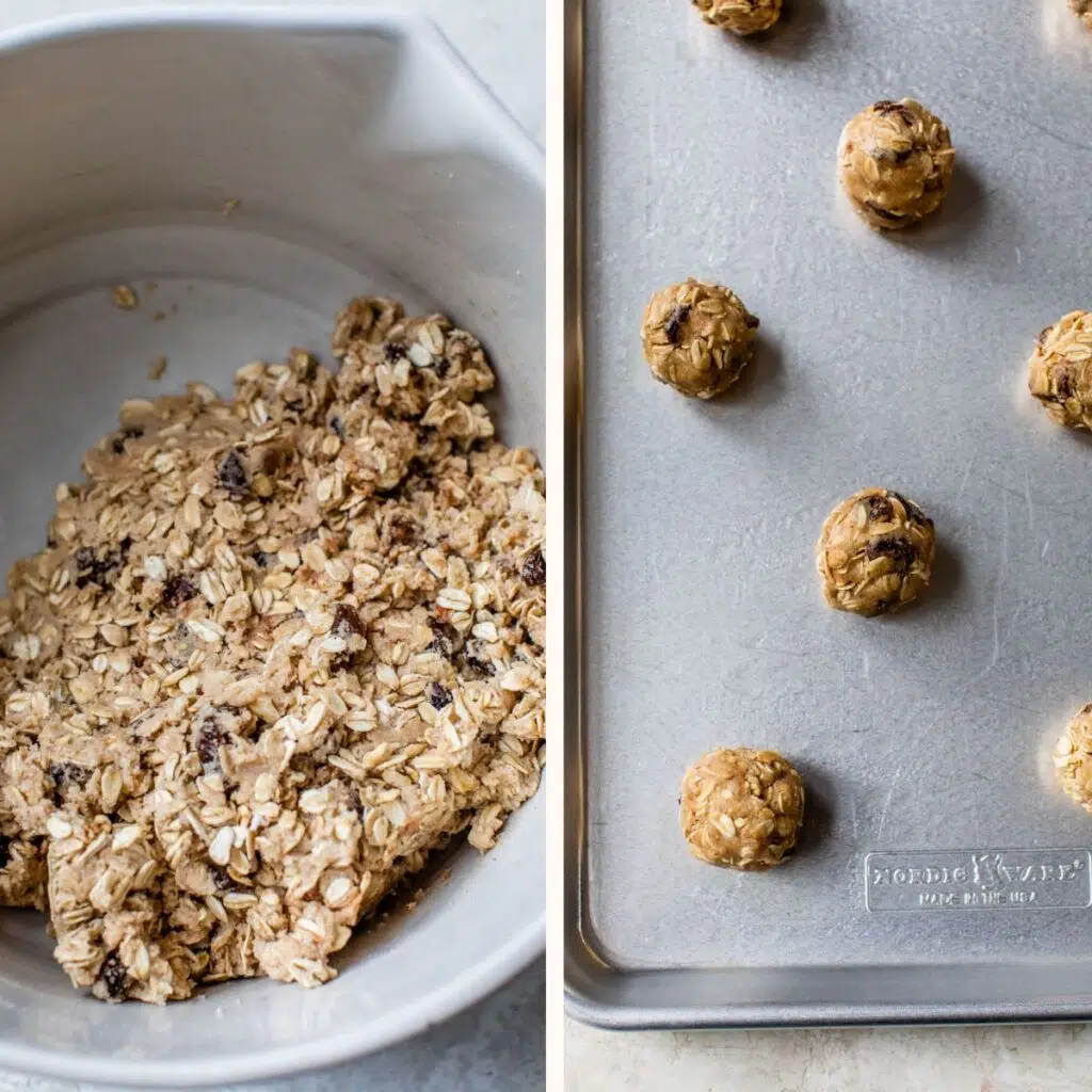 cookie dough in a mixing bowl on the left and balls of cookie dough on a baking sheet on the right