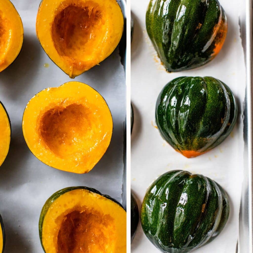 acorn squash brushed with oil on a baking sheet with parchment paper
