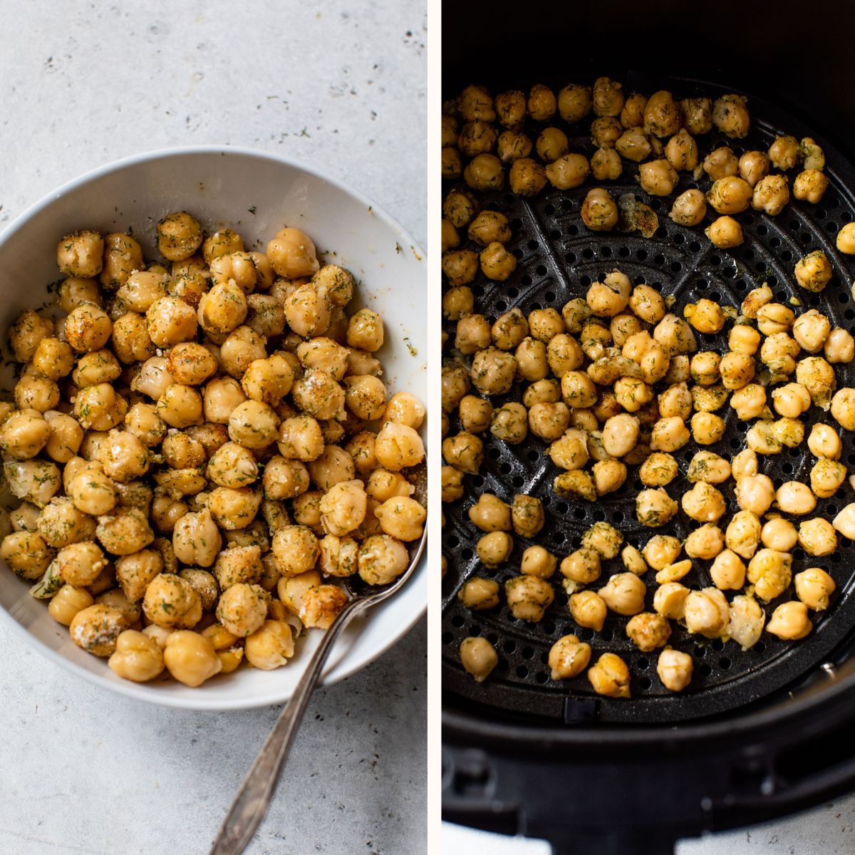 chickpeas in a bowl with seasoning and a spoon on the left and seasoned chickpeas in an air fryer on the right