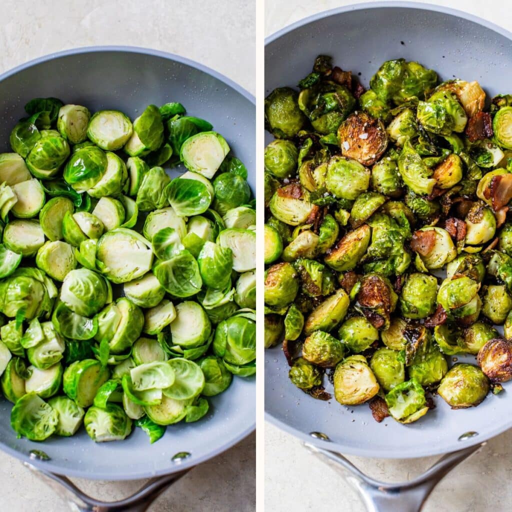raw and cooked brussels sprouts in a skillet